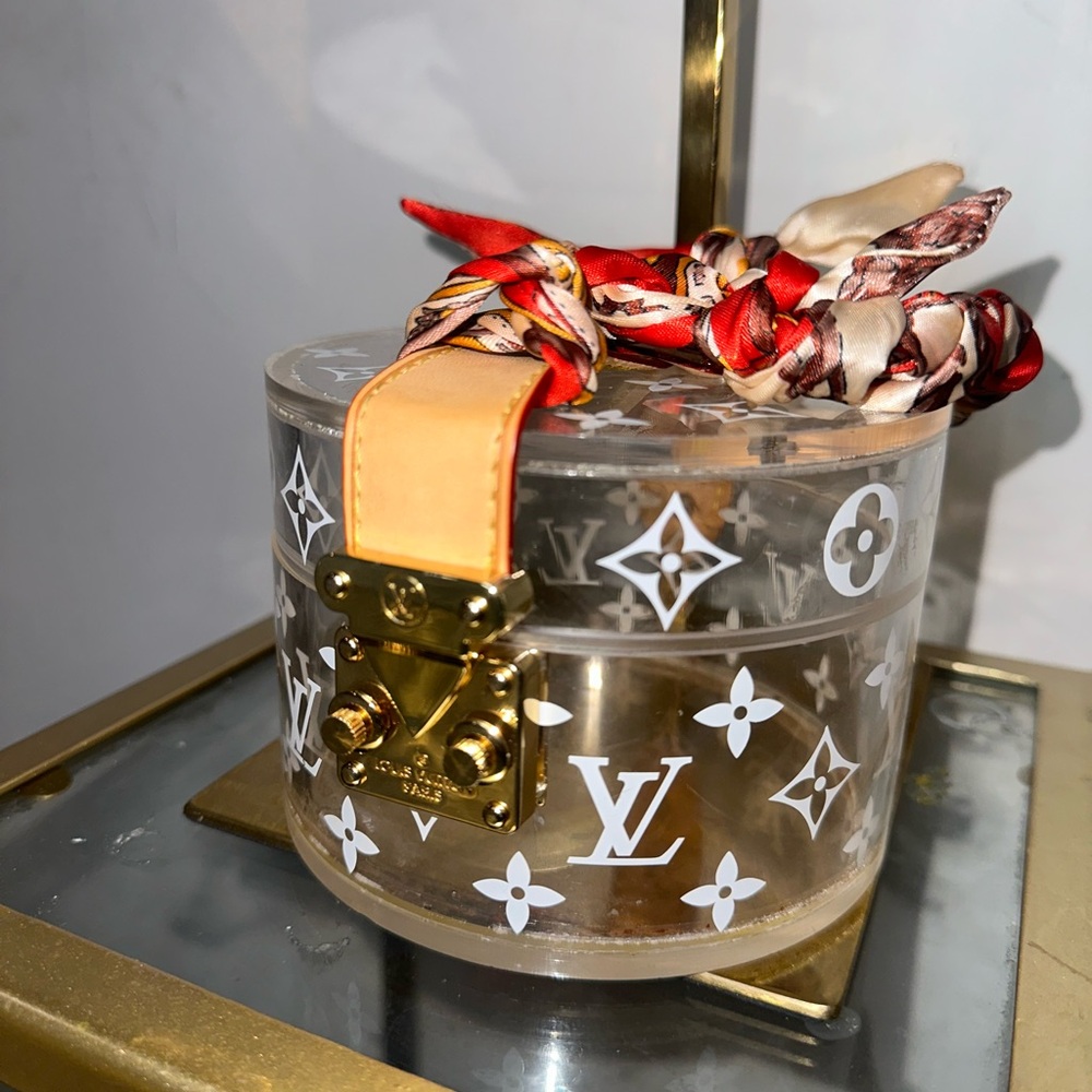 Louis Vuitton Clear Monogram Round Box Bag with Red and Tan Scarf Handle - Picture 6 of 8
